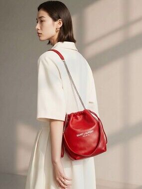 Authentic YSL Red Leather Drawstring Bag, YSL bag Pochon Teddy Bucket Bag